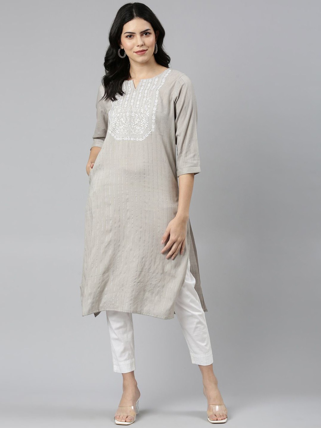 

Samhitas Floral Yoke Design Thread Work Notch Neck Straight Pure Cotton Kurta, Grey