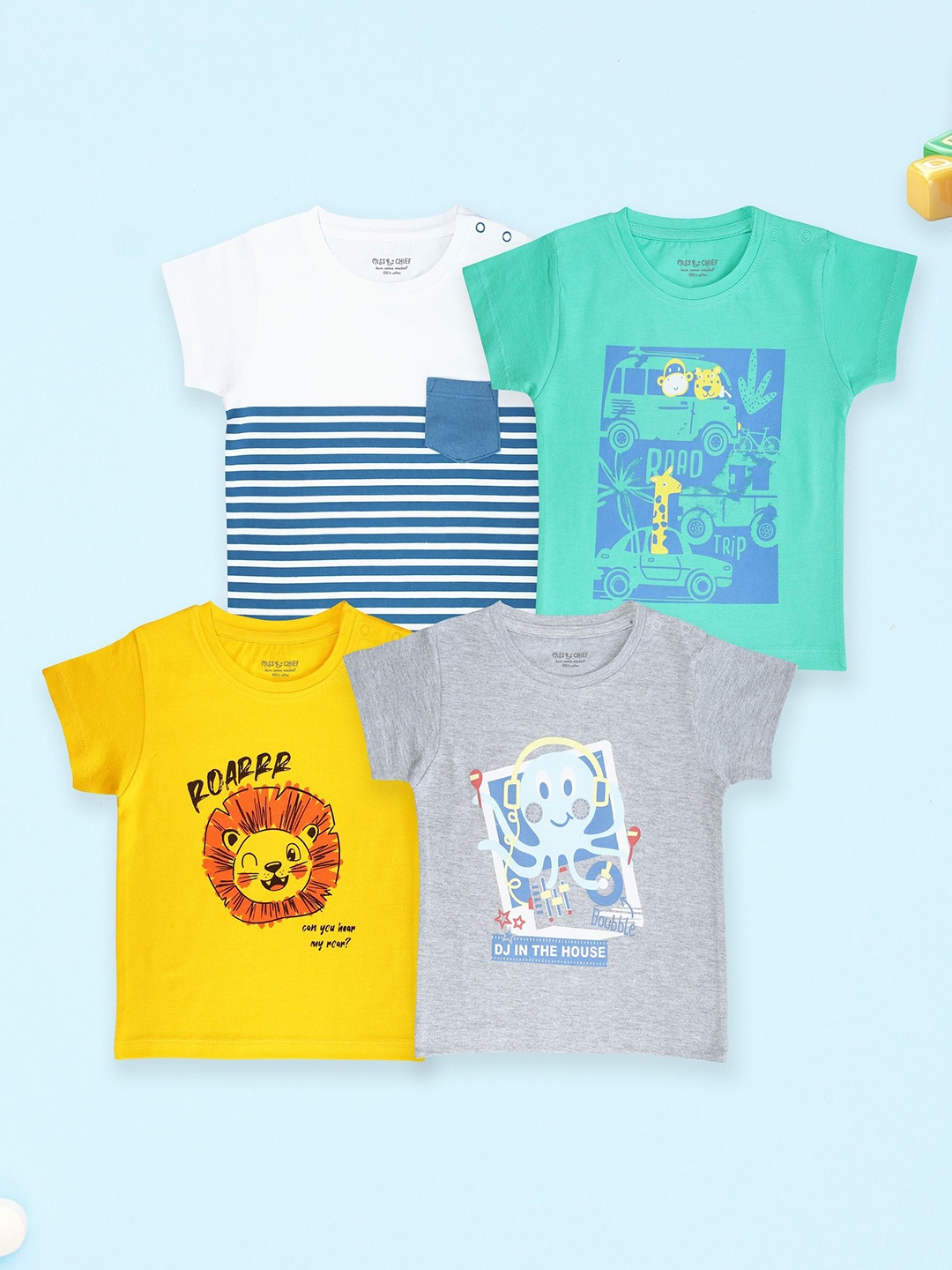 

Miss & Chief Unisex Kids Regular Fit Pack Of 4 Graphic Printed Round Neck Cotton T-shirts, Yellow