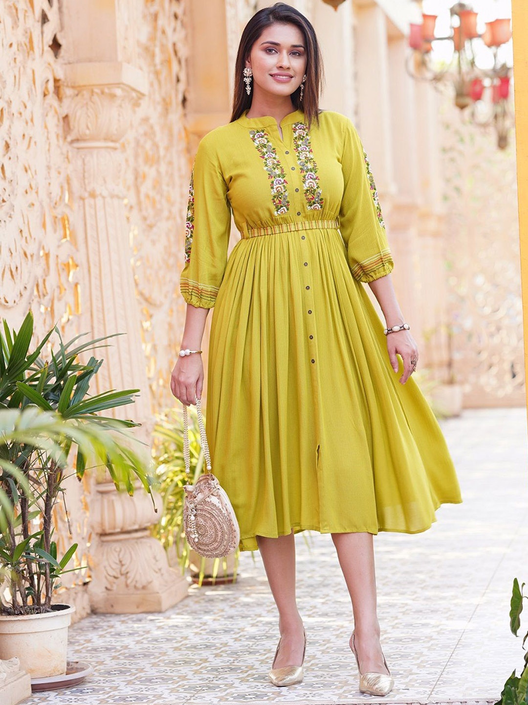 

KODILA ENTERPRISE Floral Embroidered Mandarin Collar Pleated Ethnic Dress, Yellow