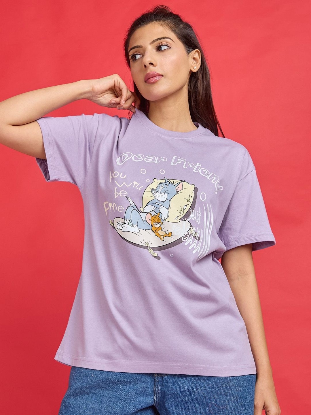 

Kook N Keech Toons Women Tom & Jerry Graphic Printed Cotton Relaxed Fit T-shirt, Lavender