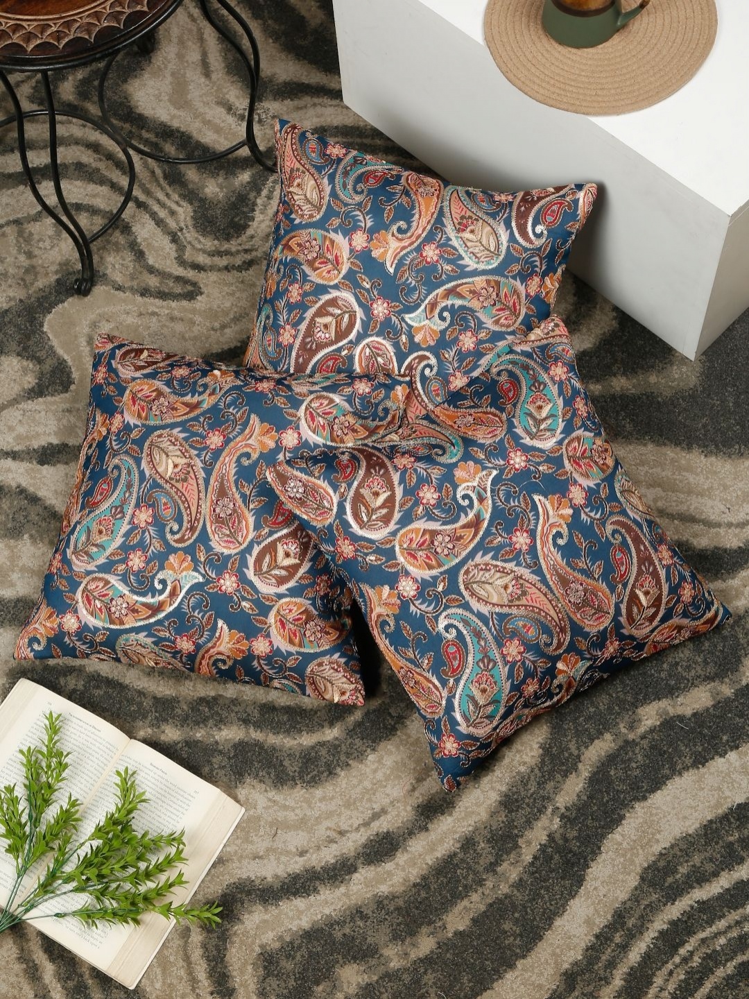 

HOSTA HOMES Blue & Yellow 3 Pieces Ethnic Motifs Embellished Square Cushion Covers