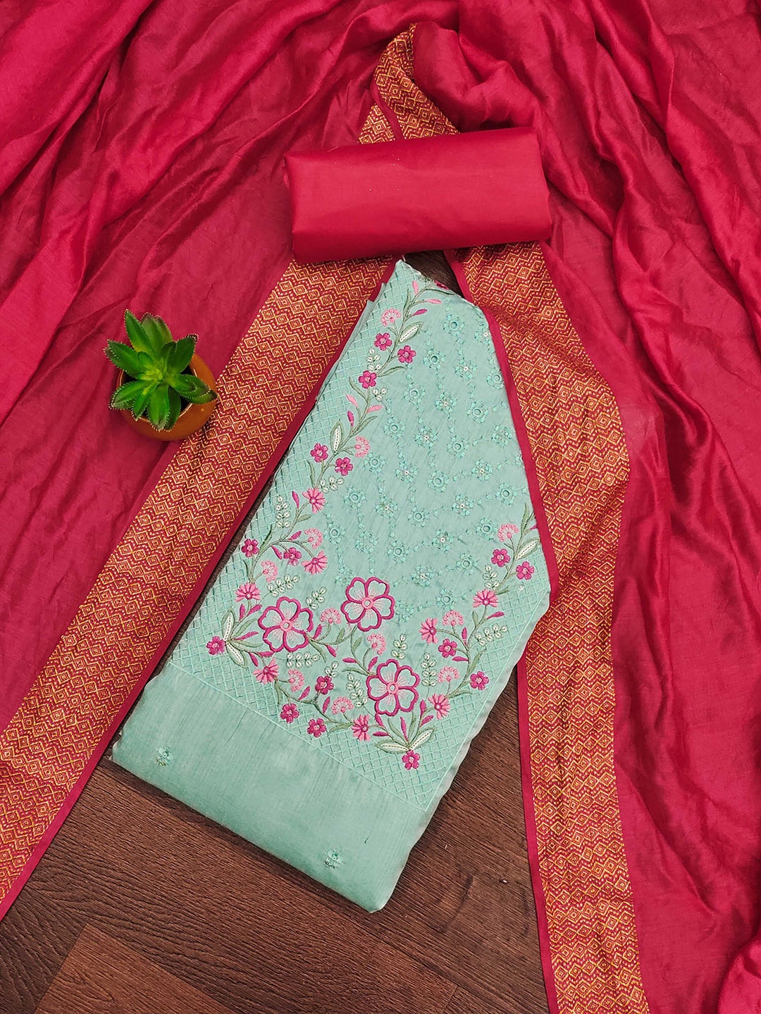 

SAINOOR Floral Embroidered Sequinned Unstitched Dress Material, Sea green