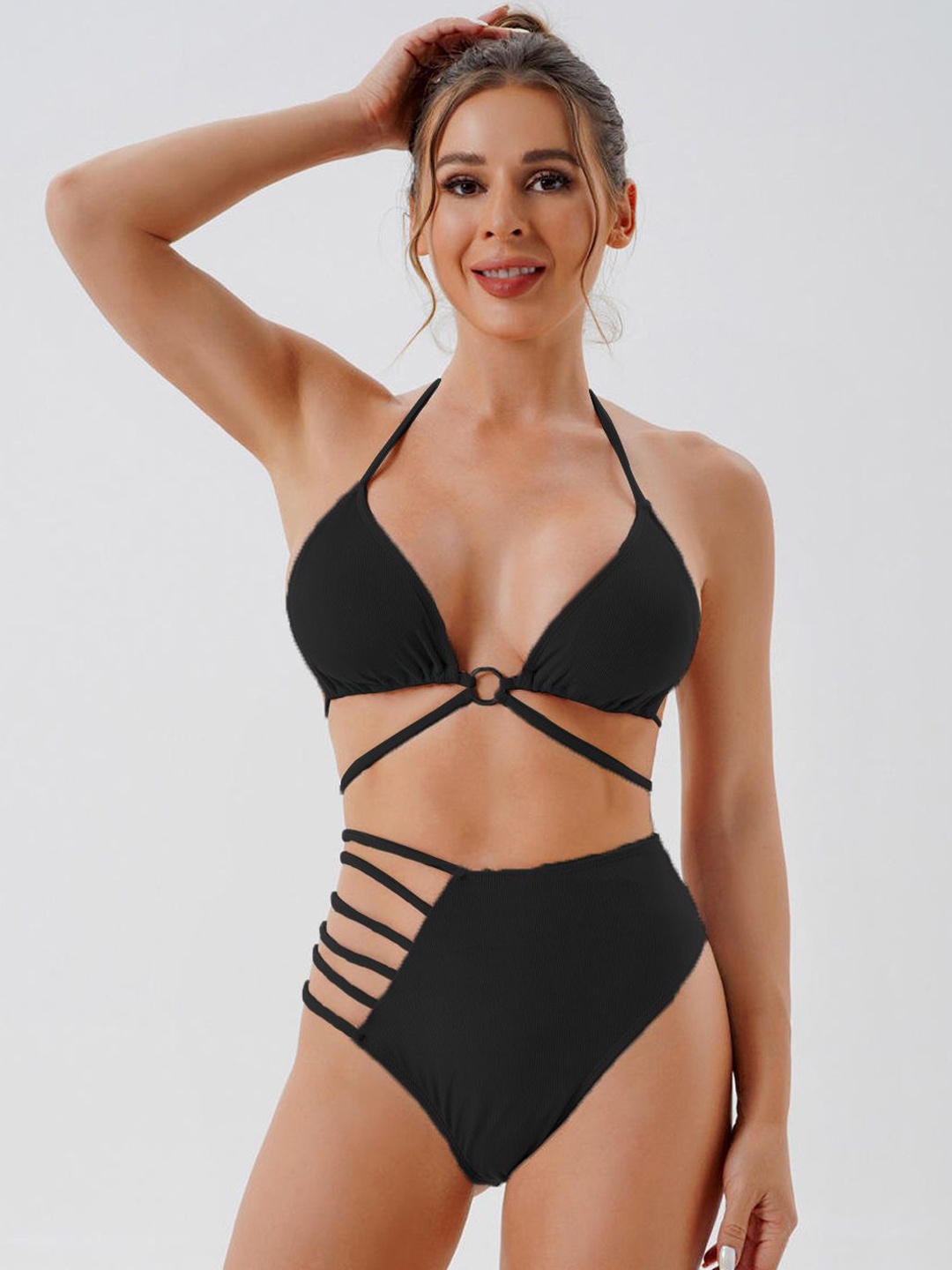 

VAGHBHATT Halter Neck Swim Bikini Set, Black