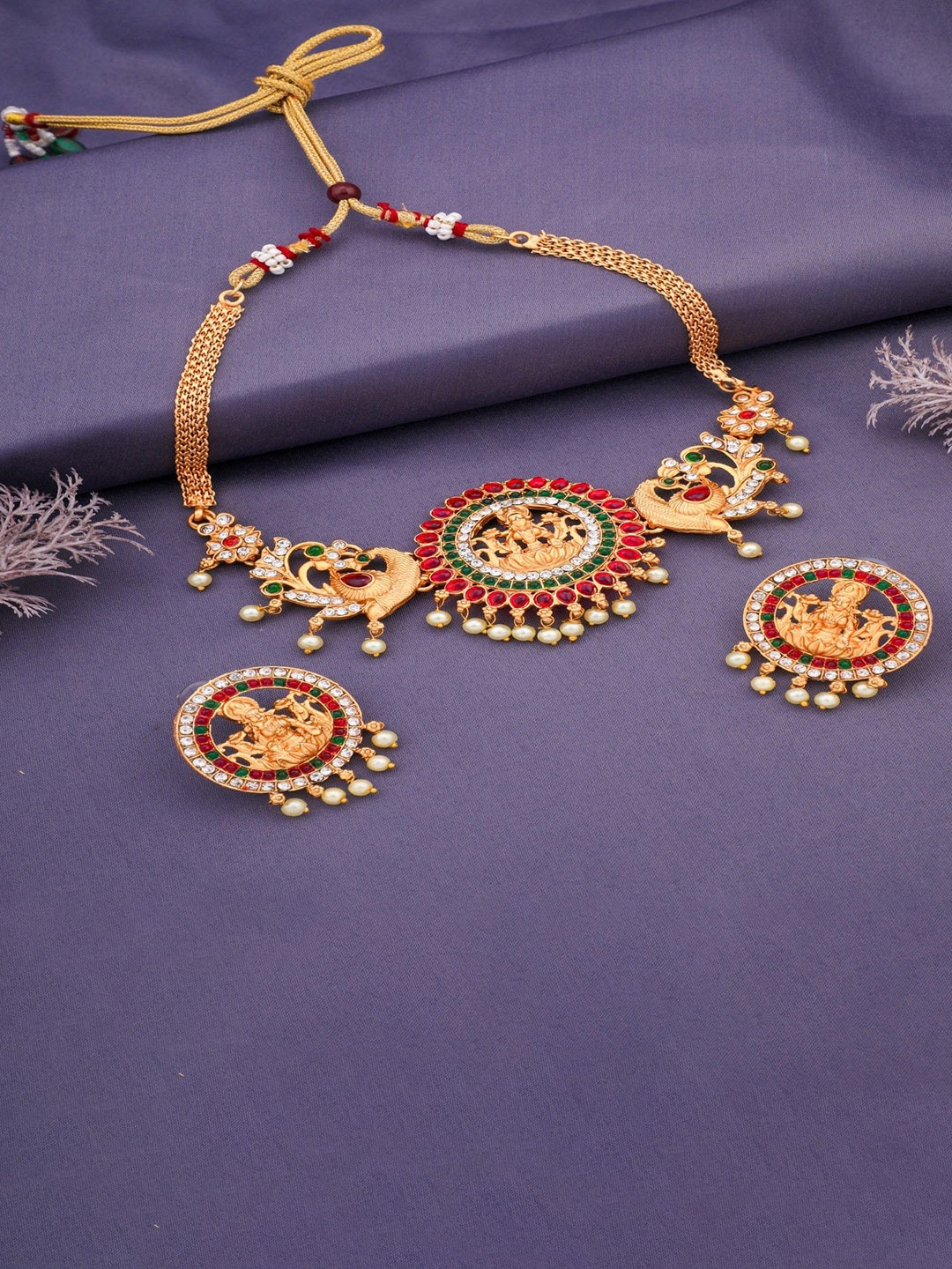

ROFARWORD Gold Plated Cubic Zirconia Stone Studded & Beaded Jewellery Set