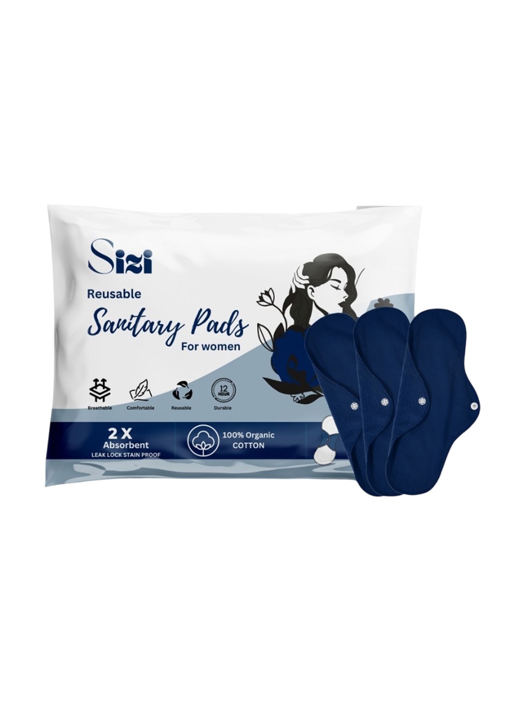 

Sizi Super Absorbent Washable & Reusable Eco-Friendly Sanitary Pads- 3 Pads- XL, Navy blue