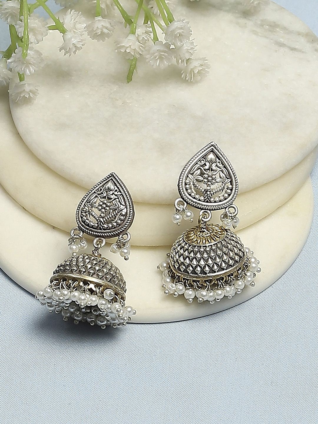 

Biba Silver-Plated Artificial Stones Studded and Beaded Dome Shaped Oxidised Jhumkas