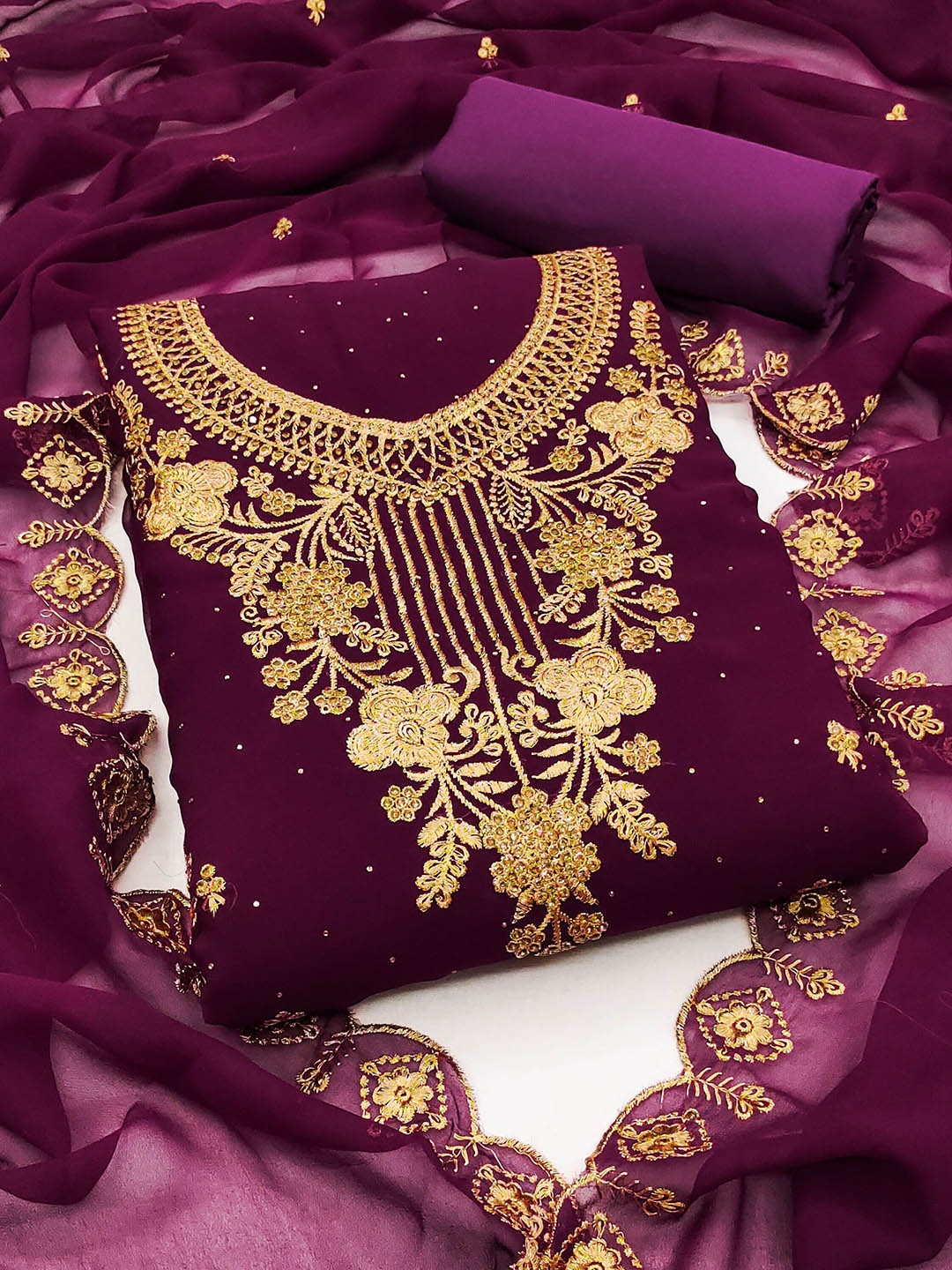 

SAINOOR Floral Embroidered Silk Georgette Unstitched Dress Material, Purple