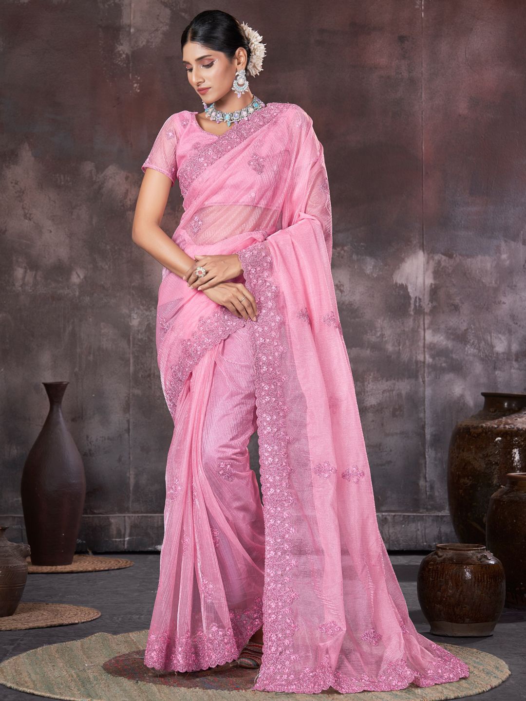 

DIVASTRI Embroidered Organza Saree, Pink