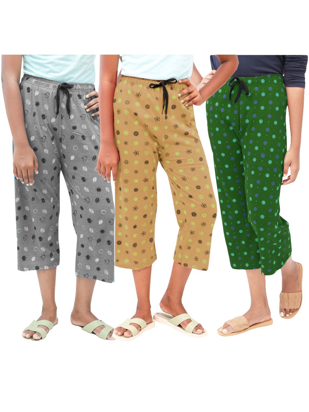 

AFRA GARMENTS Women Pack of 3 Printed Cotton Capris, Grey melange