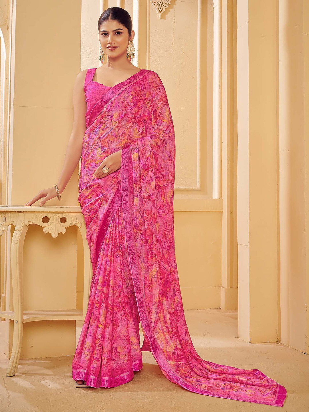 

Anouk Rustic Floral Zari Poly Chiffon Sungudi Saree, Pink