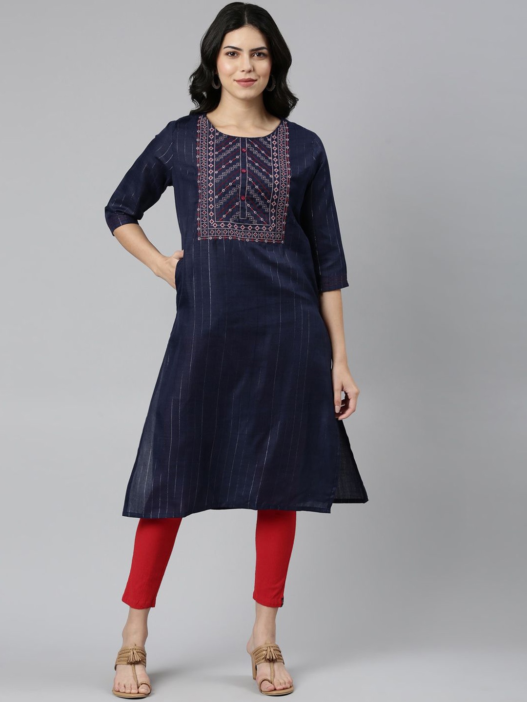 

Samhitas Striped Woven Design Thread Work Cotton Straight Kurta, Navy blue