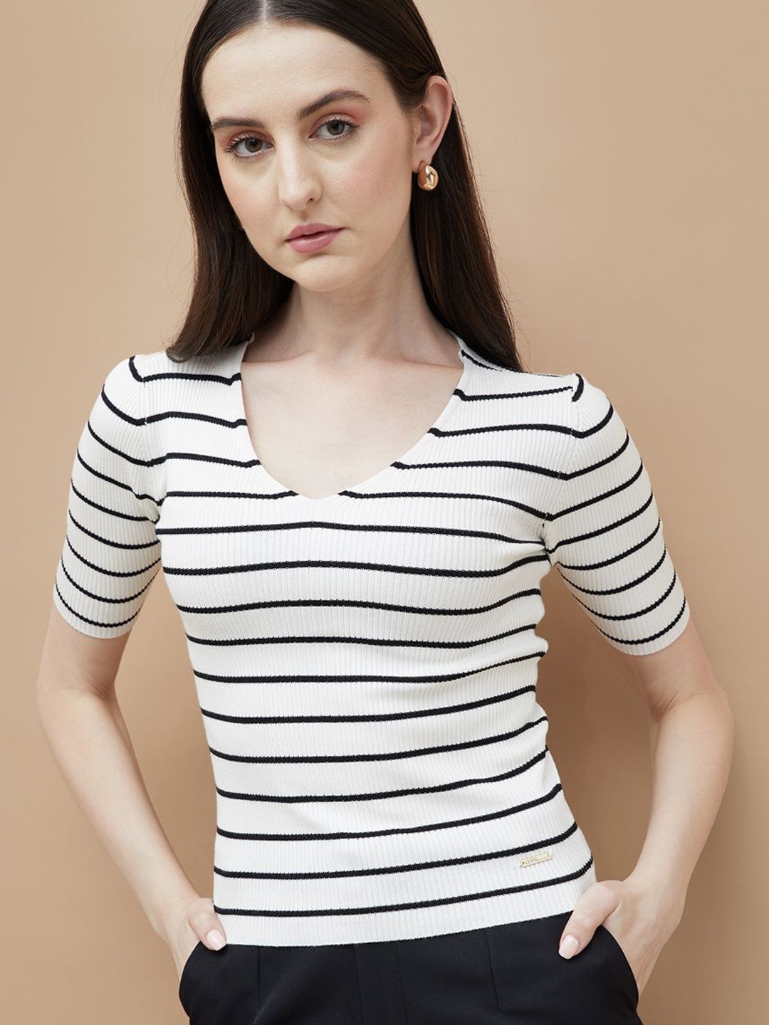 

CODE by Lifestyle Women Striped Scoop Neck Slim Fit T-shirt, Off white