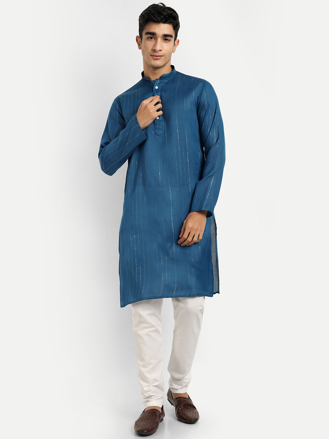 

WELL TEX Striped Embroidered Mandarin Collar Straight Kurta, Blue