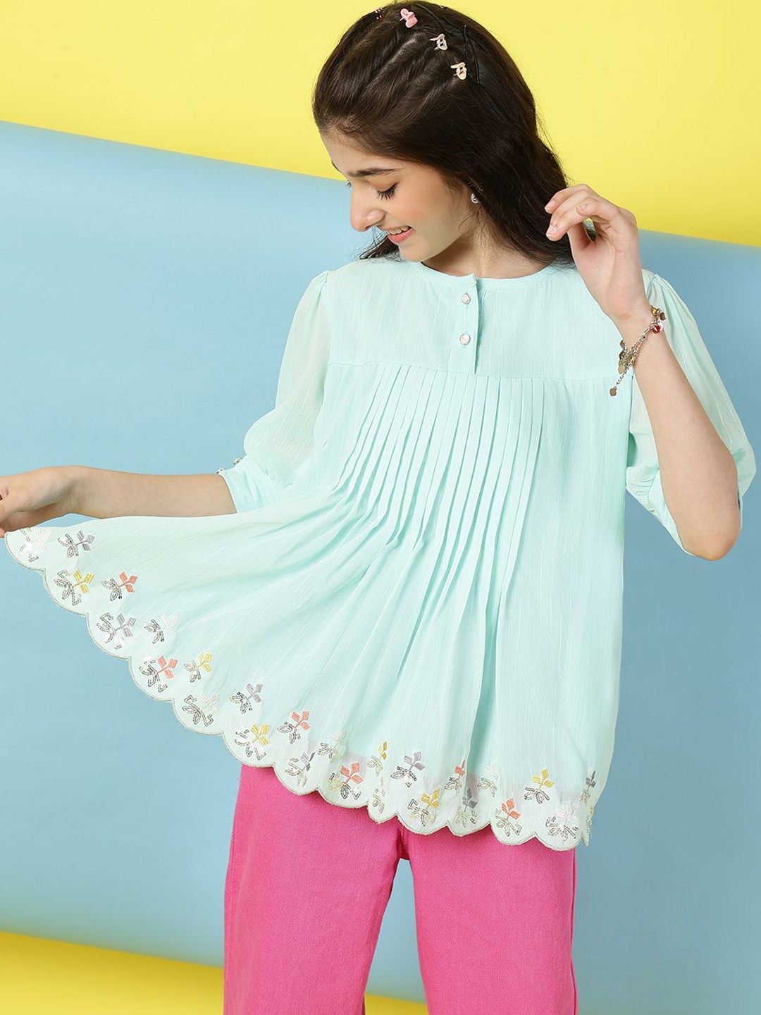 

Miss & Chief Floral Embroidered Georgette Top, Green