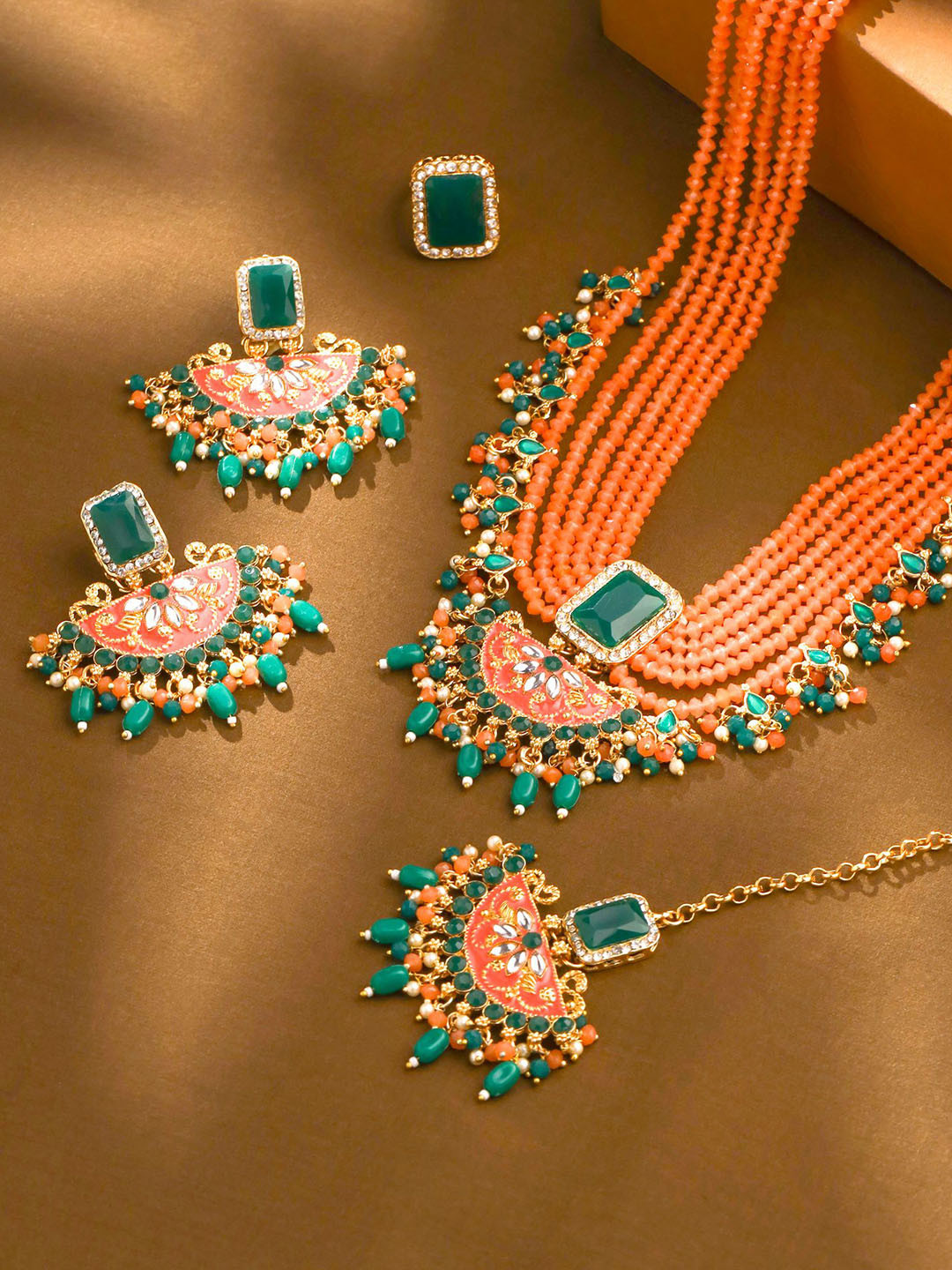 

Yellow Chimes Gold-Plated Multilayered Stone Studded & Beaded Long Jewellery Set