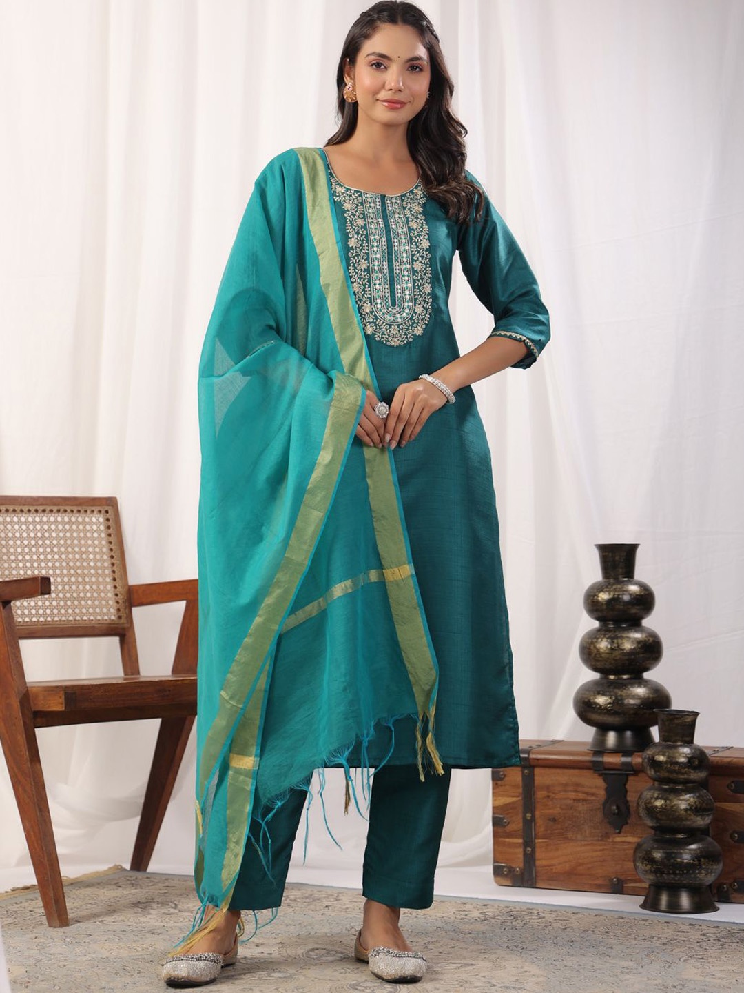 

KALINI Sequinned Embroidered Round Neck Kurta With Trousers & Dupatta, Teal