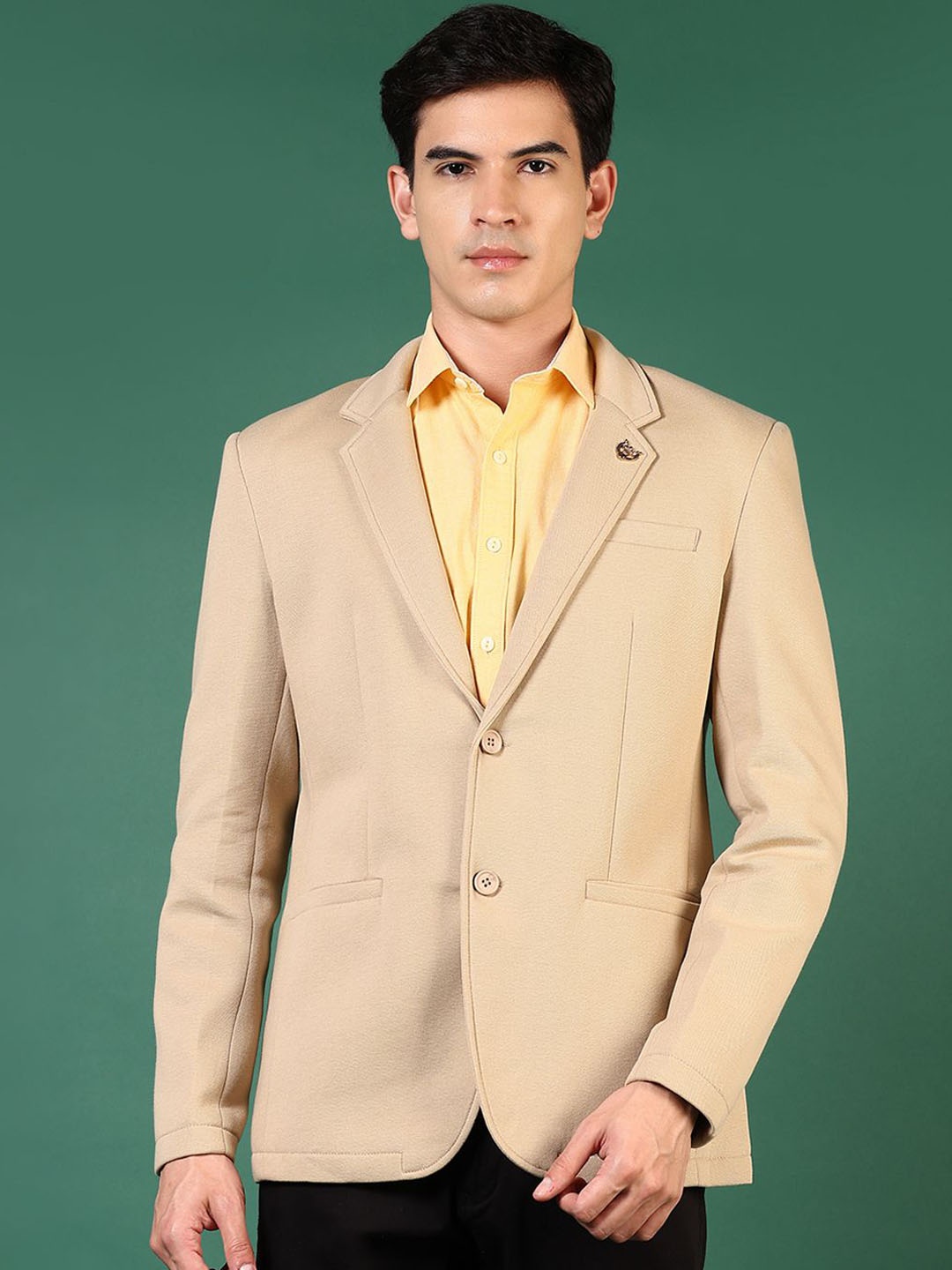 

V-Mart Cotton Notched Lapel Single Breasted Blazer, Beige