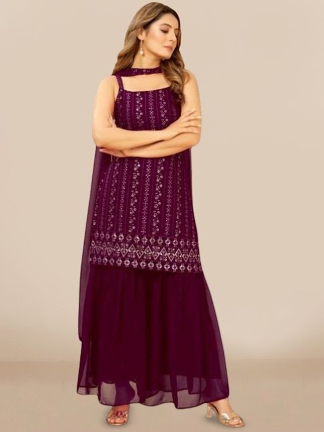 

PARROT CREATION Embroidered Sequinned Round Neck Kurti with Sharara & Dupatta, Purple