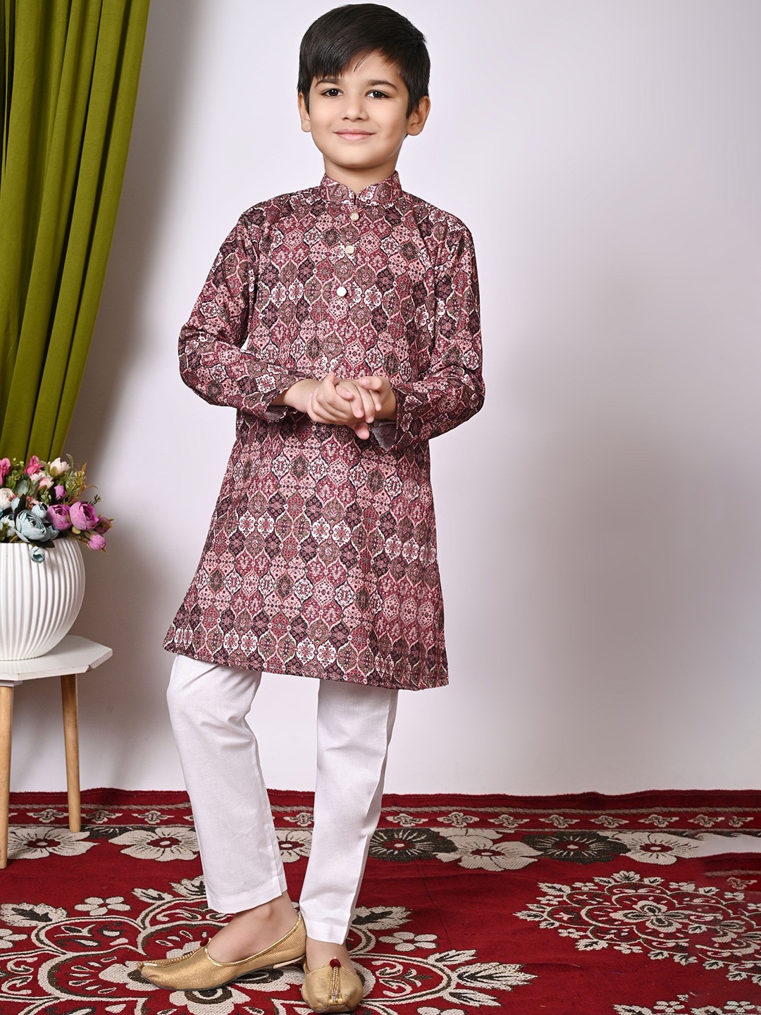 

Cae Boys Ethnic Motifs Printed Mandarin Collar Kurta With Pyjamas, Pink