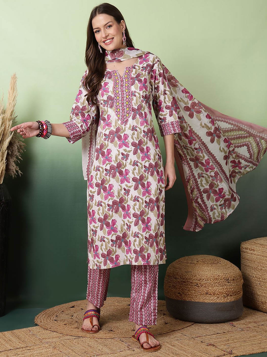 

Sangria Floral Printed Yoke Embroidered Kurta with Trouser & Dupatta, Beige
