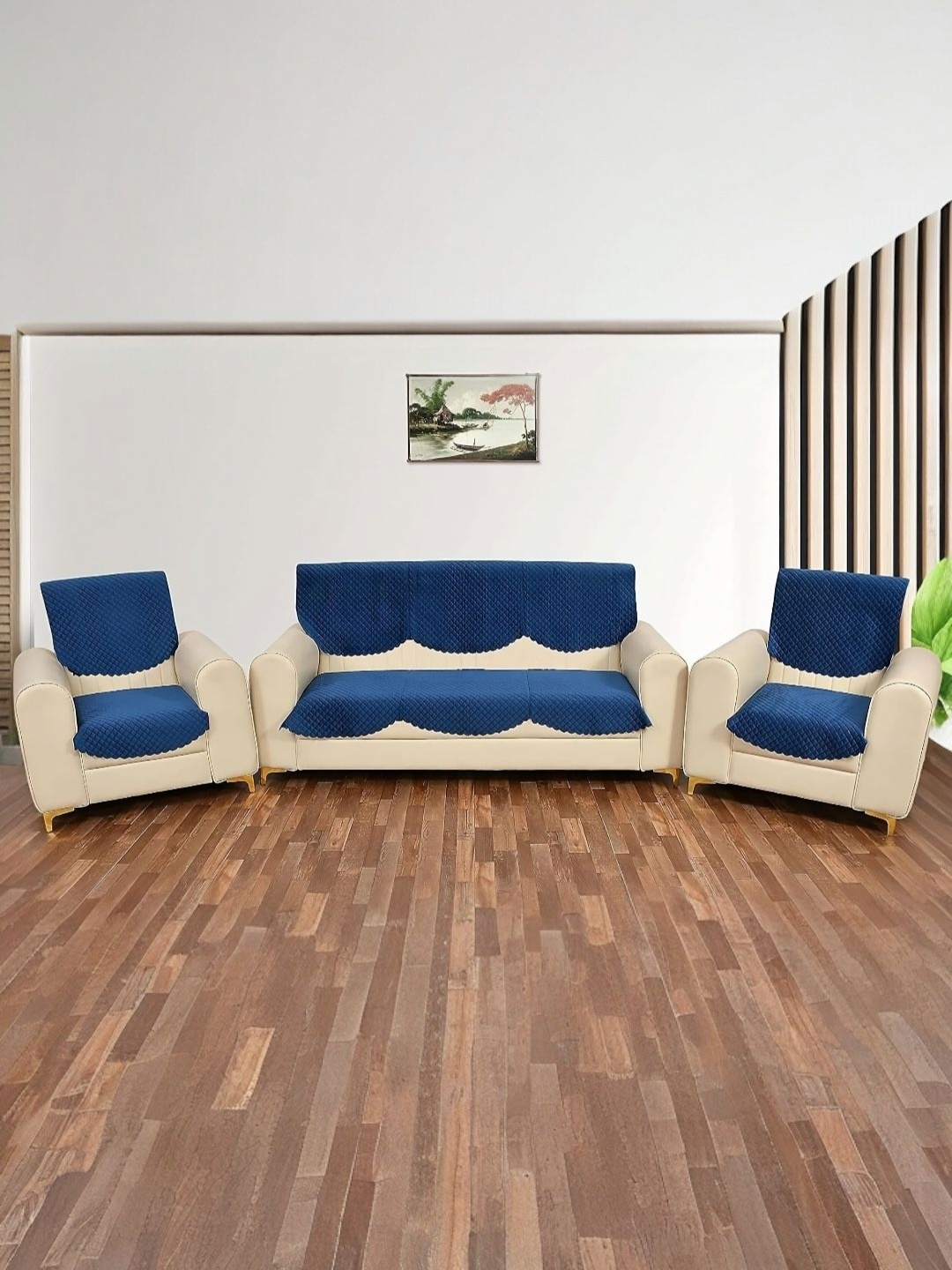 

BIGGER FISH Blue 6 Piece Velvet 5 Seater Sofa Cover