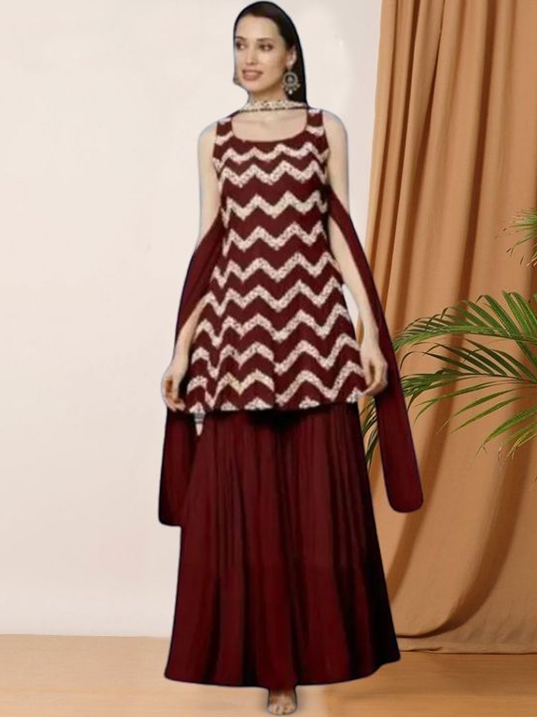 

PARROT CREATION Women Embroidered Regular Sequinned Kurti with Sharara & With Dupatta, Maroon