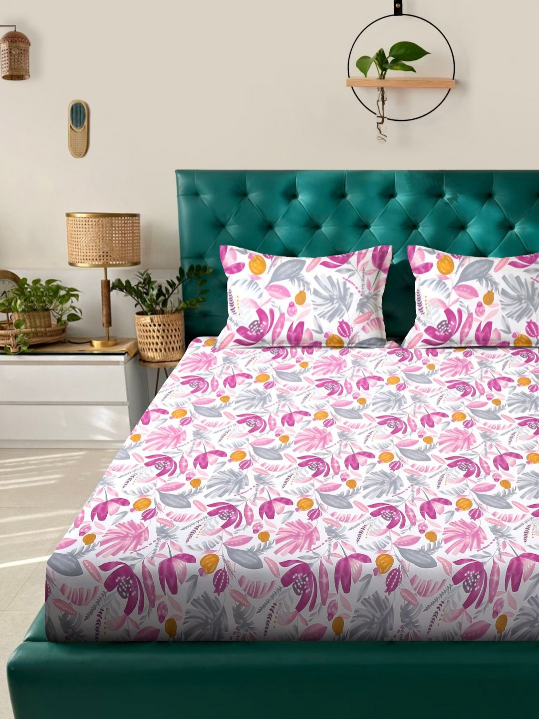 

KLOTTHE Pink & Purple Floral Printed Fitted 300TC King Bedsheet With 2 Pillow Cover