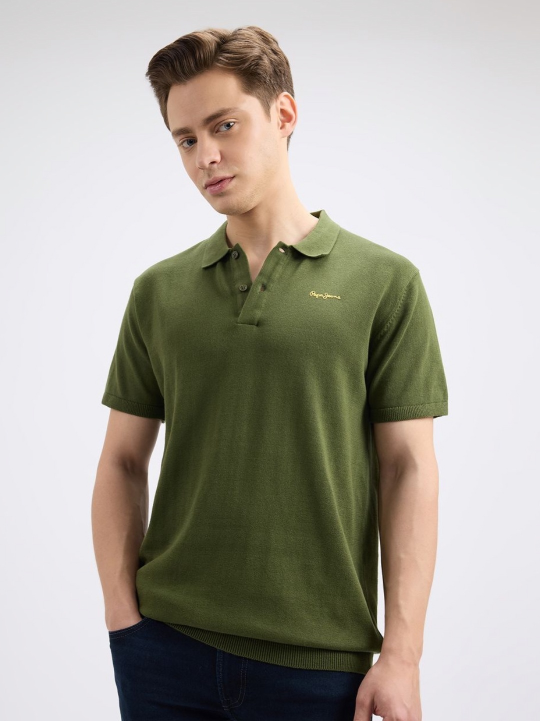 

Pepe Jeans Men Solid Polo Collar Cotton T-shirt, Green