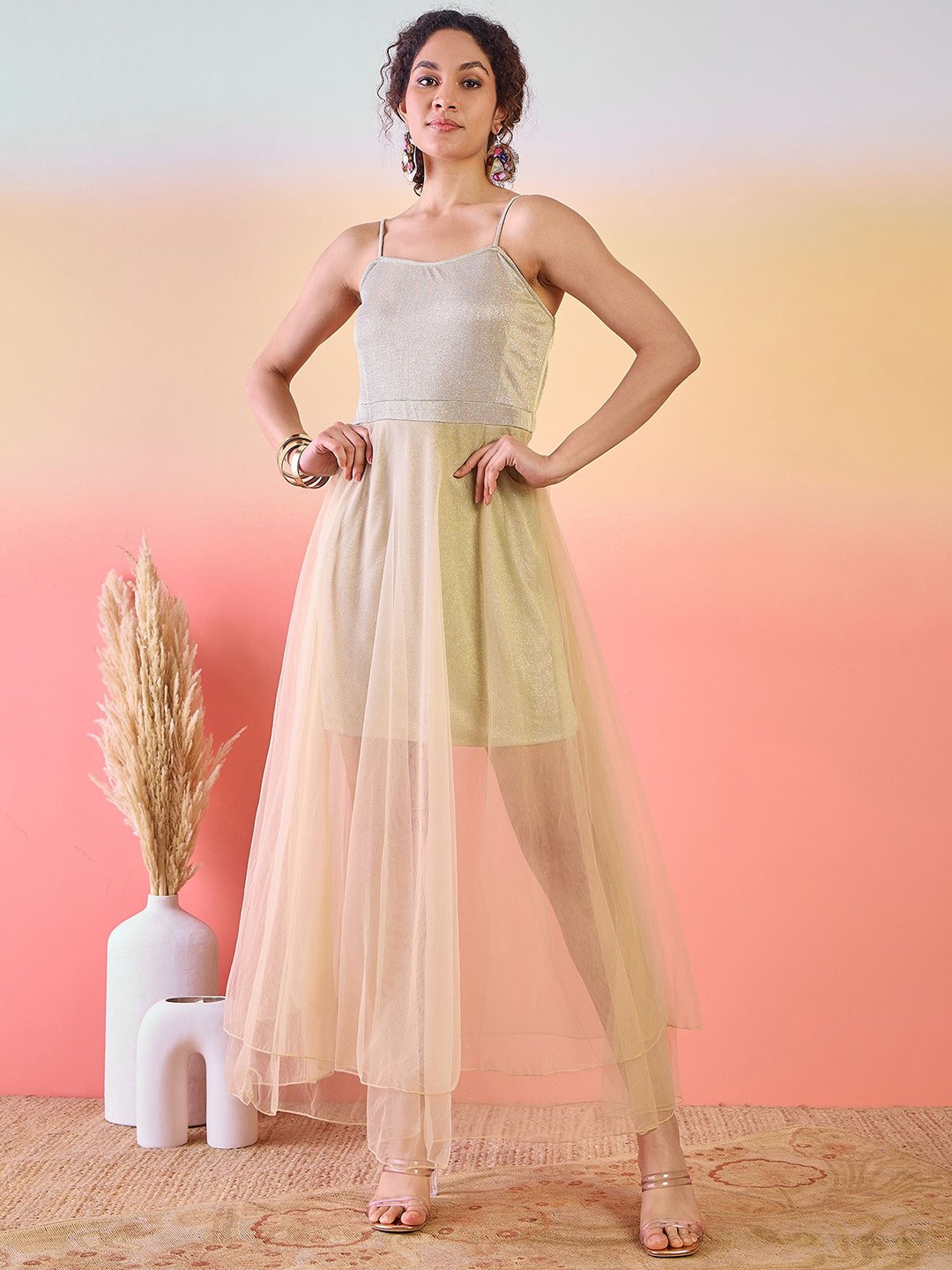 

Sangria Shoulder Strapped Semi Sheer Net Maxi Dress, Beige