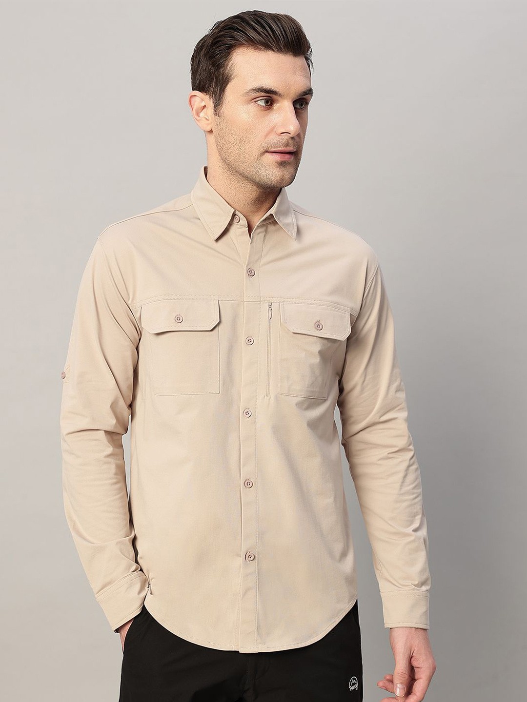 

Reccy Men Long Sleeve Ventilated Breathable 4-Way Stretch Sun Protected TechFlex Cargo Shirt, Beige