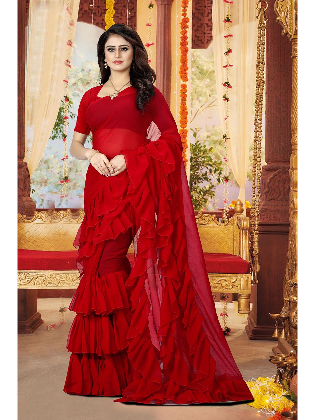 

AMK FASHION Gotta Patti Poly Georgette Saree, Red