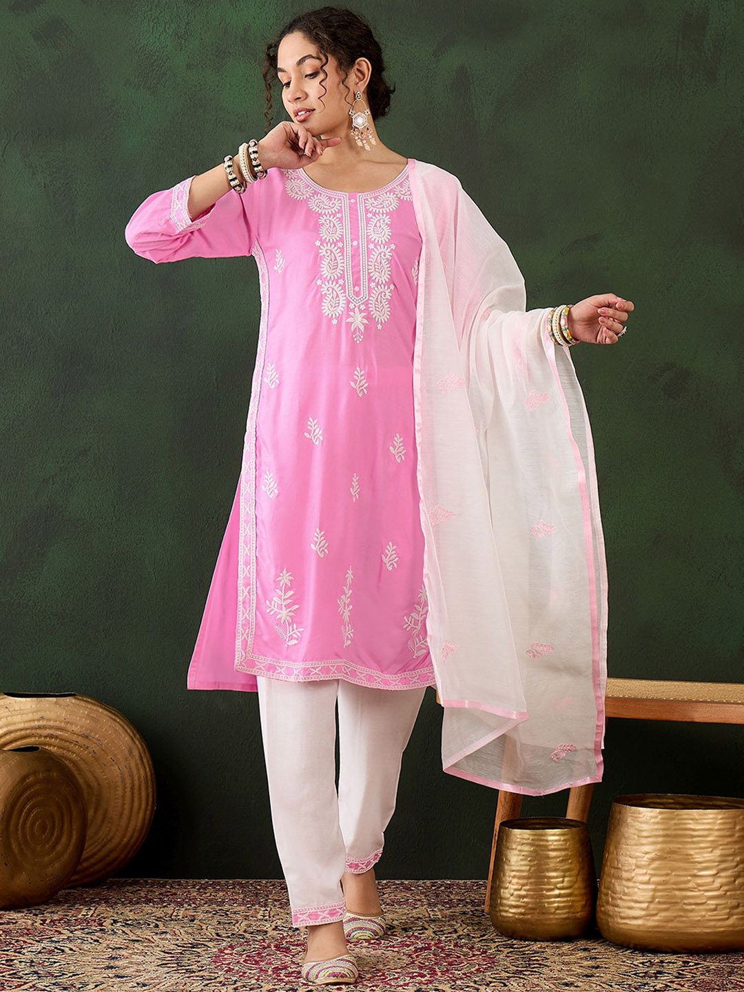 

Maroosh Paisley Embroidered Round Neck Thread Work Straight Kurta With Trouser & Dupatta, Pink