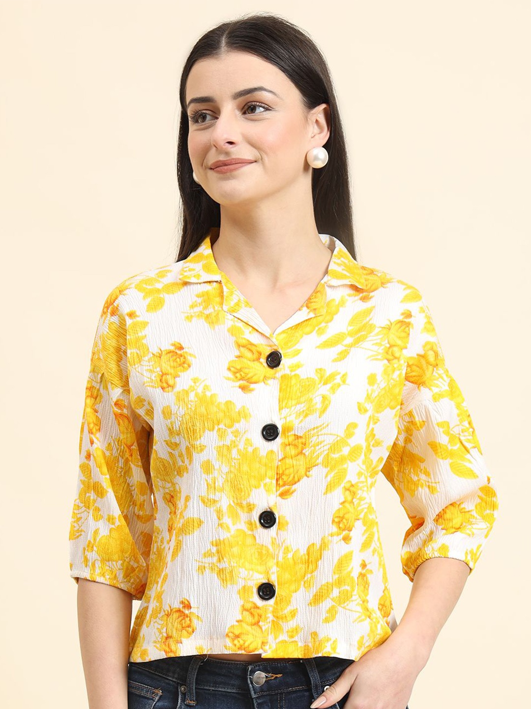 

DressBerry Women Classic Boxy Opaque Printed Casual Shirt, Yellow