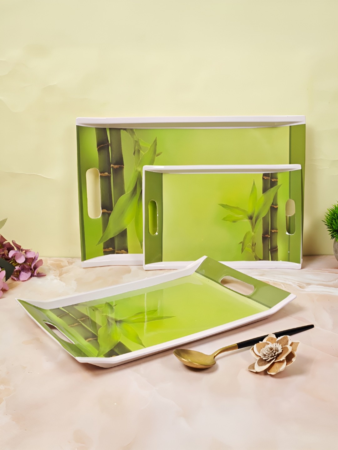 

UPC Green And White 3 Pieces Printed Melamine Dishwasher Safe Serving Tray