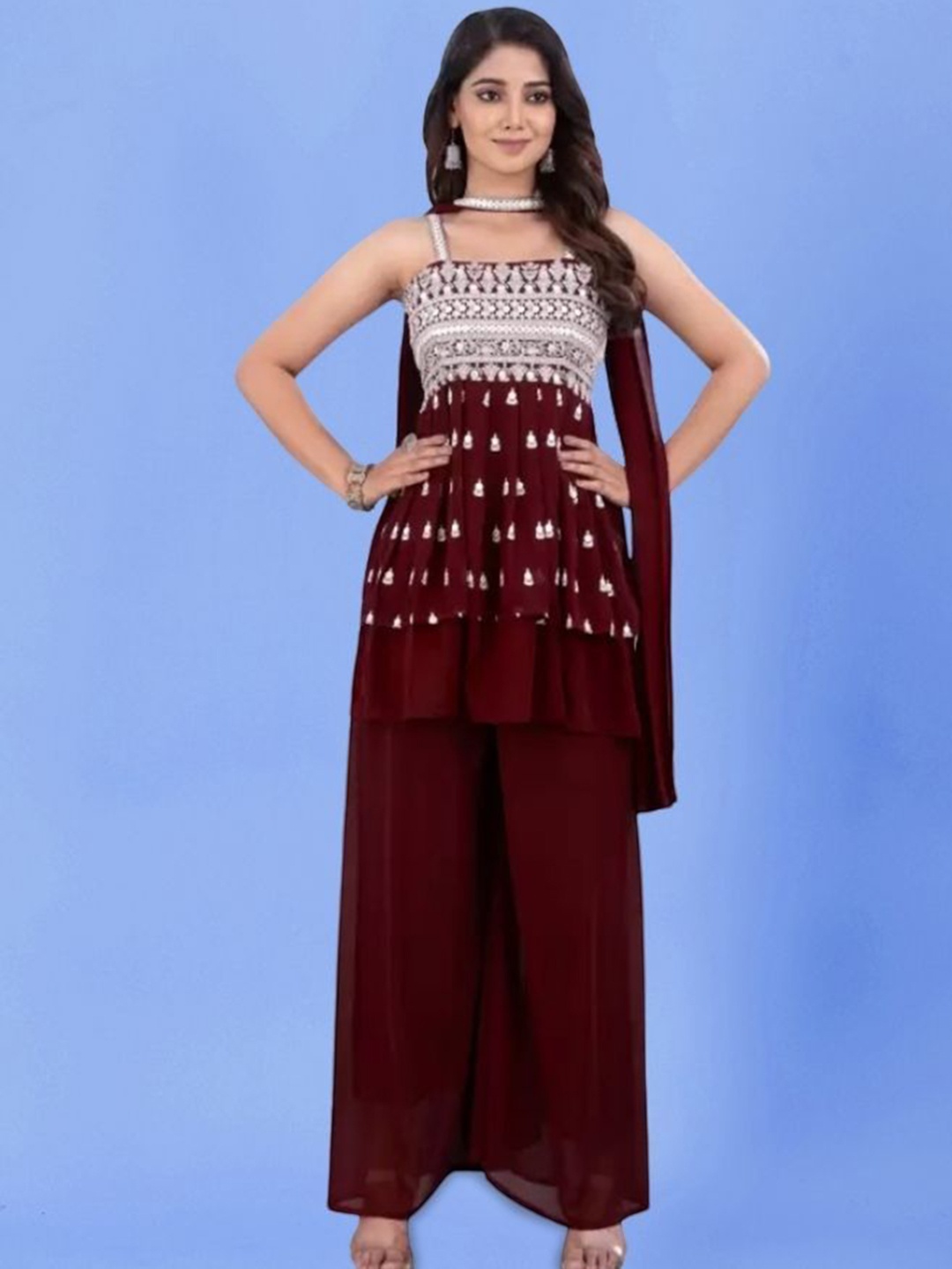 

PARROT CREATION Women Embroidered Regular Sequinned Kurti with Sharara & With Dupatta, Maroon