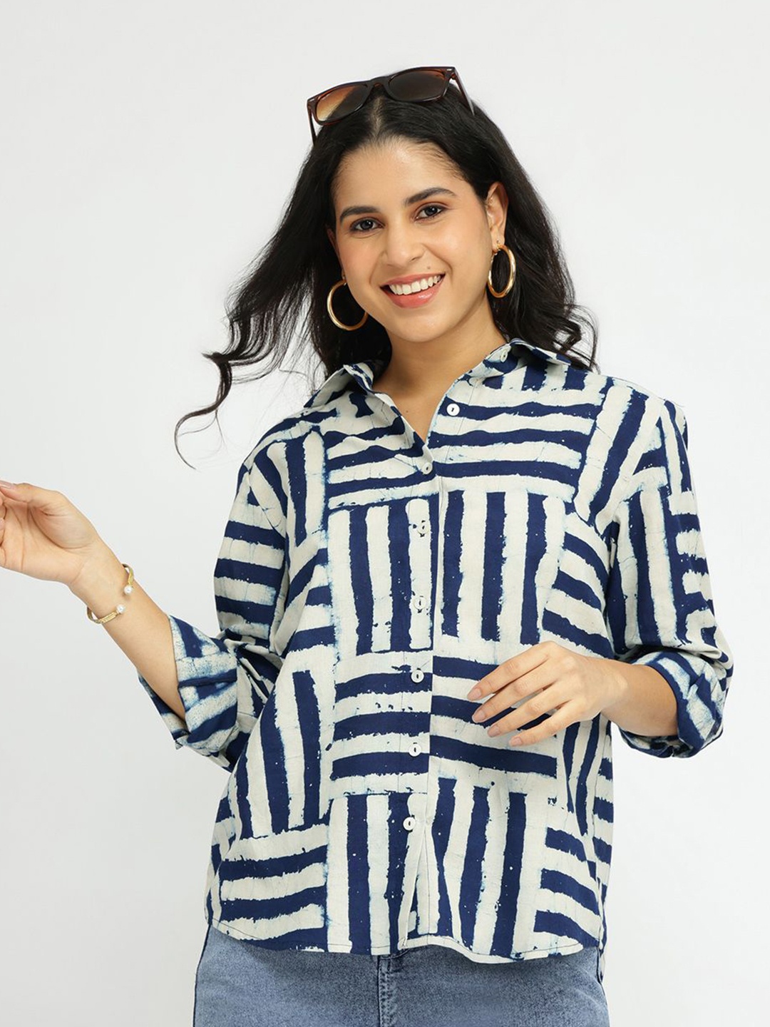 

Pink Fort Geometric Print Roll-Up Sleeves Cotton Shirt Style Top, Navy blue