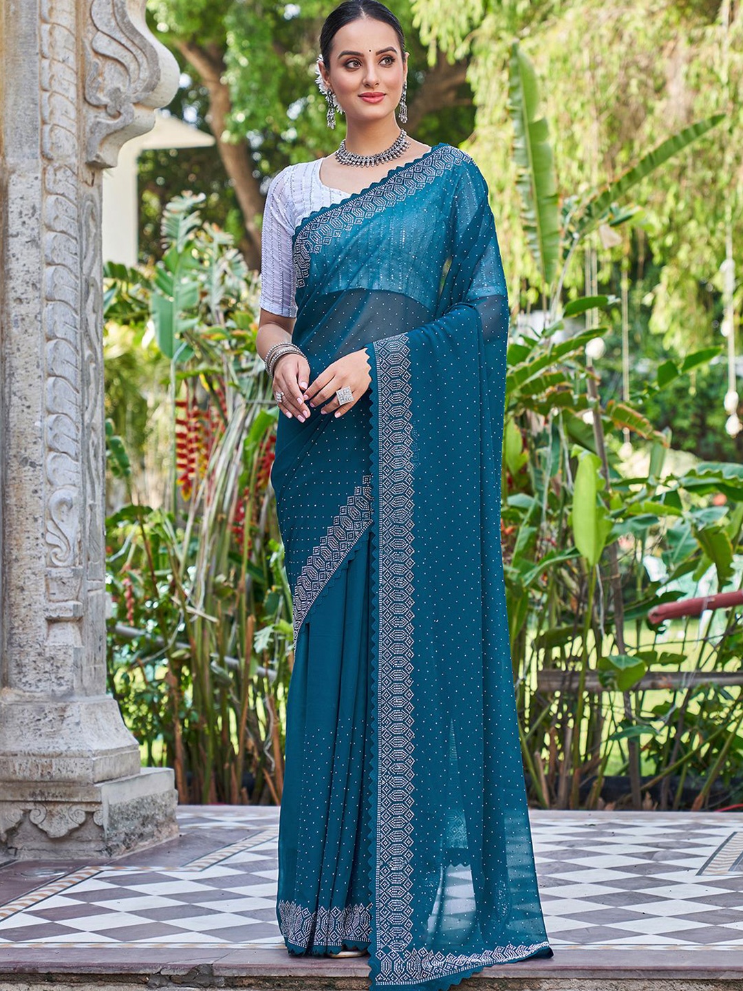 

all about you Embellished Pure Georgette Saree, Blue