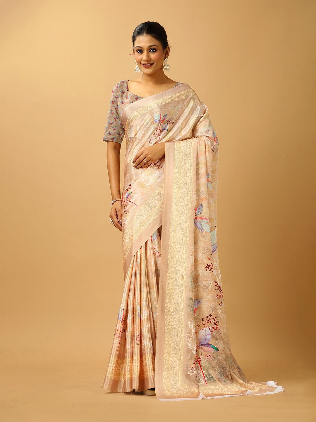 

NIRMAL CREATION Floral Pure Crepe Saree, Gold