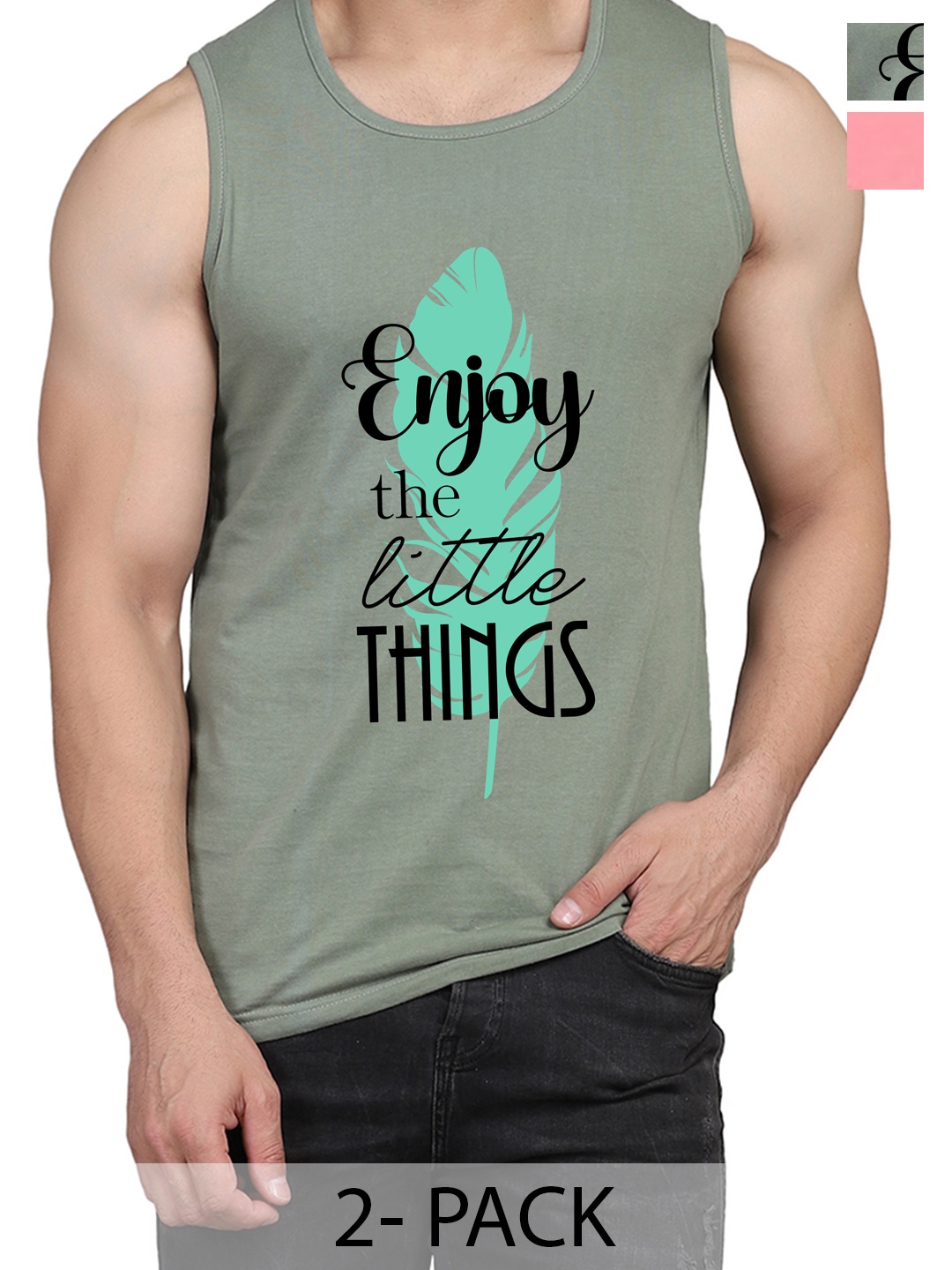 

WOOSTRO Pack Of 2 Printed Gym Vests RS26 (ENJOY LGTGREEN)(HARD PEACH), Green