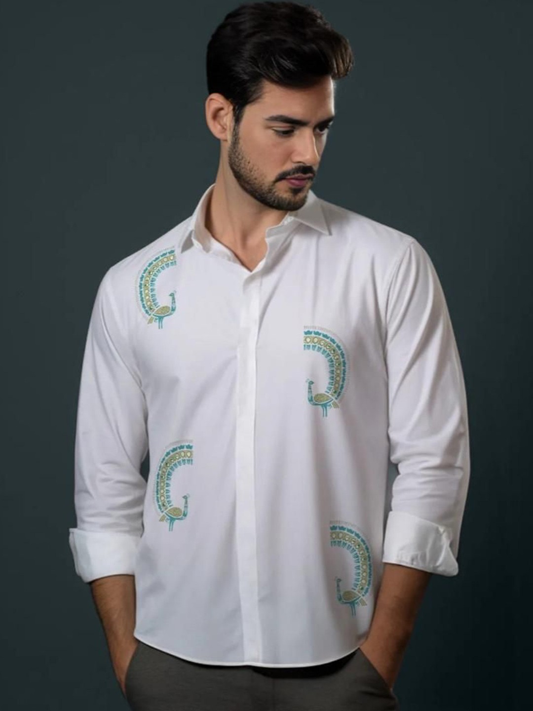 

HE SPOKE Men Smart Tailored Fit Opaque Printed Casual Shirt, White