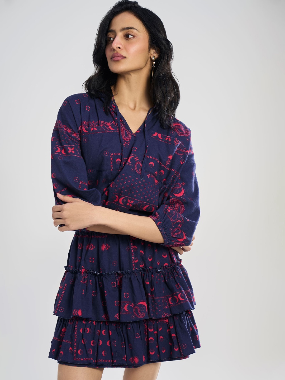 

Terra Luna Women Tie-Ups Neck Layered Cotton Fit & Flare Dress, Navy blue