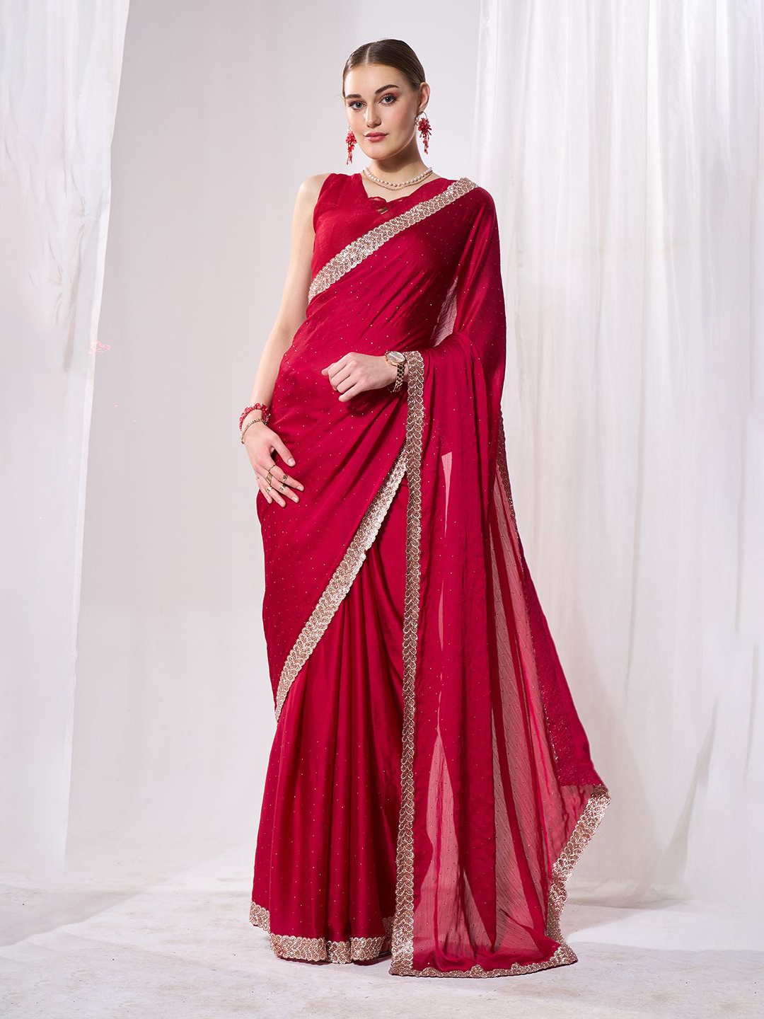 

Kalista Embellished Beads and Stones Pure Chiffon Saree, Red