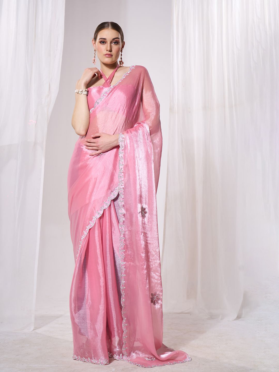 

Kalista Floral Embellished Beads and Stones Organza Saree, Pink