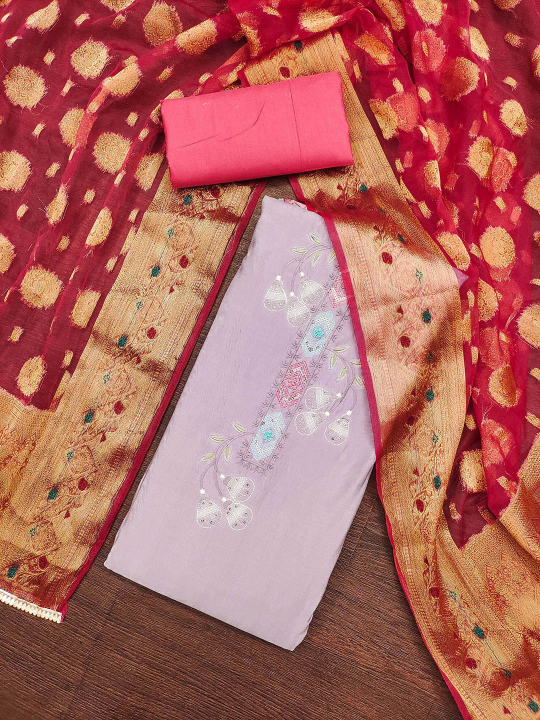 

SAINOOR Embroidered Pure Silk Semi-Stitched Dress Material, Lavender