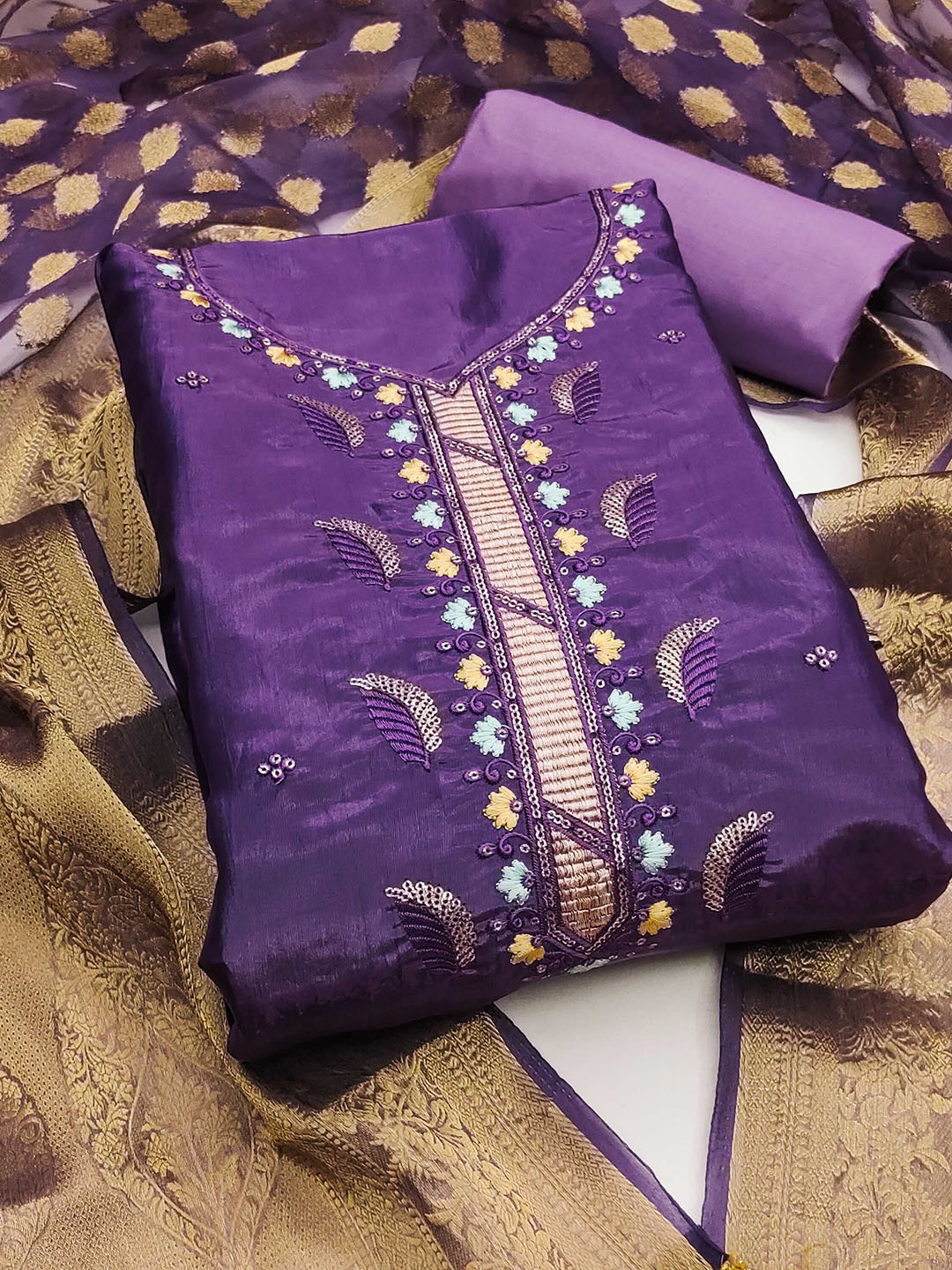 

SAINOOR Floral Embroidered Sequinned Pure Silk Semi-Stitched Dress Material, Purple