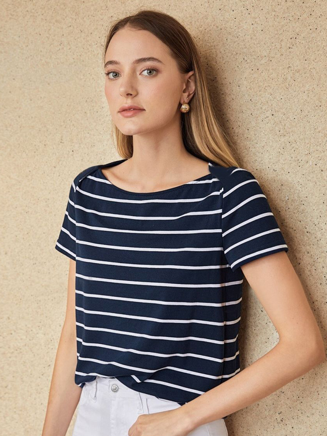 

KERI PERRY Women Striped Boat Neck Regular Top, Blue