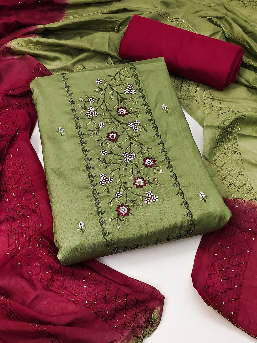 

SAINOOR Floral Embroidered Unstitched Dress Material, Green