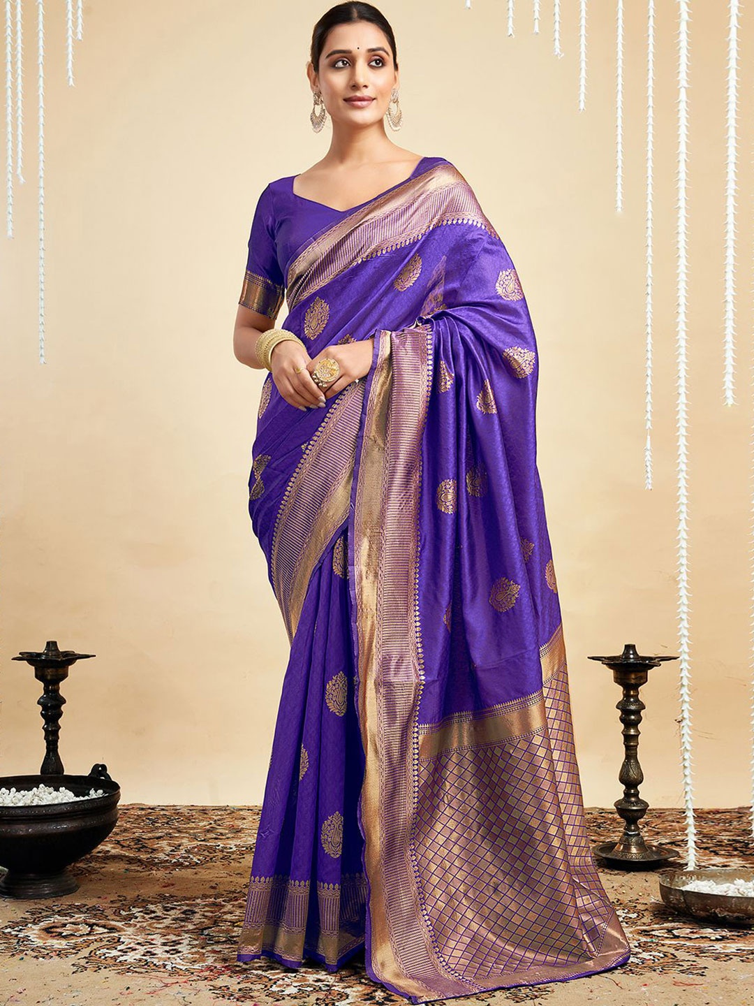 

HERE&NOW Woven Design Zari Designer Banarasi Saree, Purple