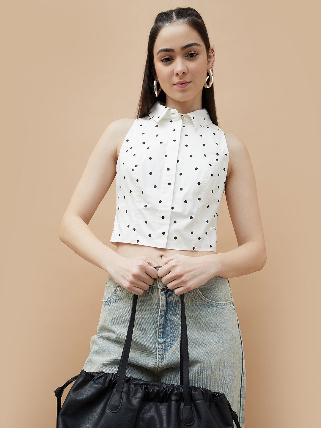 

Ginger by Lifestyle Women Shirt Collar Polka Dots Cotton Crop Top, White