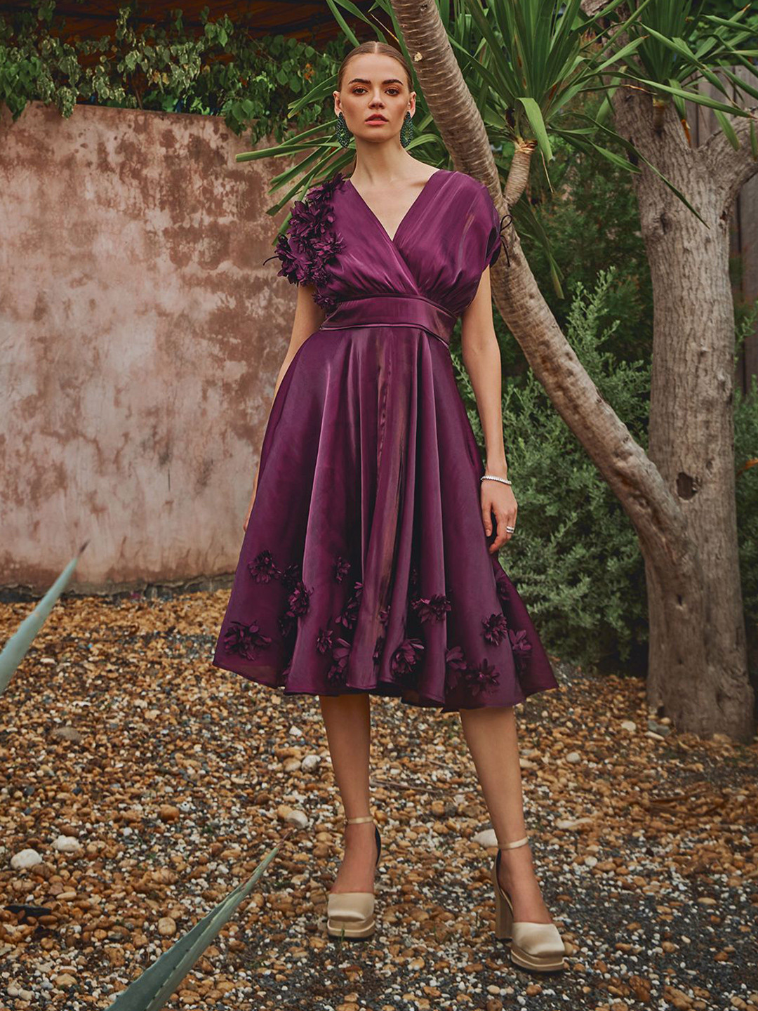 

HOUSE OF FETT Floral Applique Self Design Wrap Dress, Purple